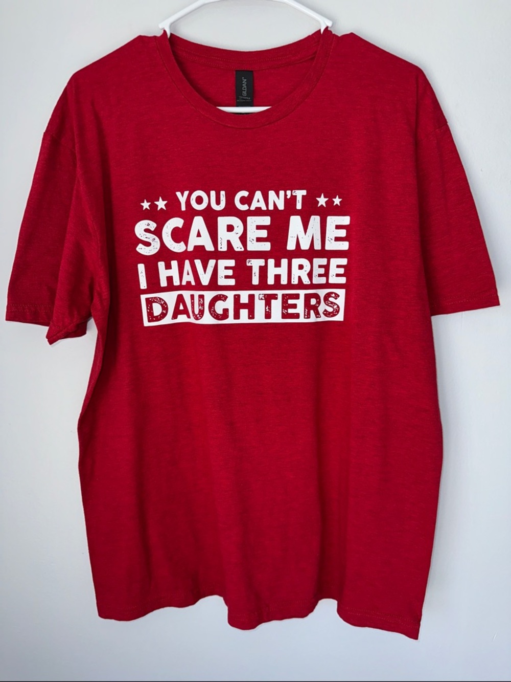 Men's Red Graphic Short Sleeve Tee - 'You Can't Scare Me I Have Three Daughters'